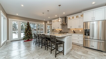 Fototapeta premium Modern Kitchen with Christmas Tree and Winter View