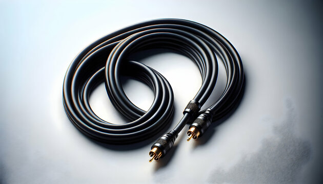 Gadget Two black TS cables with gold-plated connectors, coiled neatly and slightly separated, placed on a w3