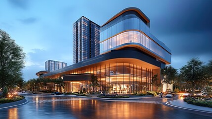 3D rendering of a commercial real estate property, showcasing modern design and spacious interiors 