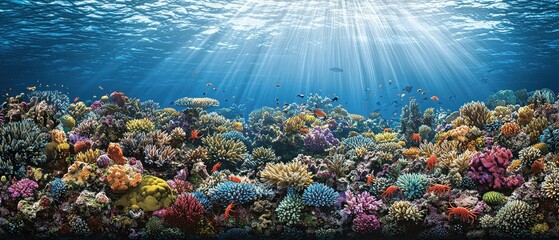 A peaceful ocean floor covered in colorful corals and sponges, with tiny crabs and shrimp scuttling about. Above, rays of sunlight filter through the water, casting moving shadows and creating 
