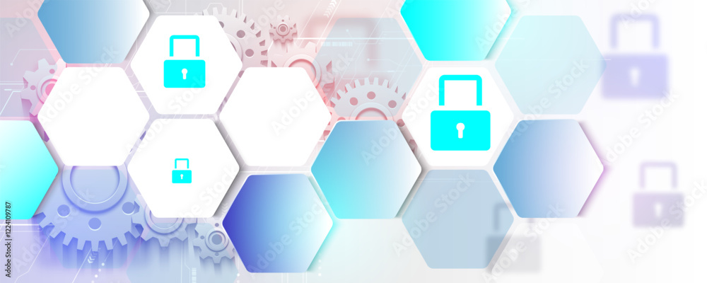 Wall mural background image of hexagonal geometric technology, cyber security protection concept and circuit bo