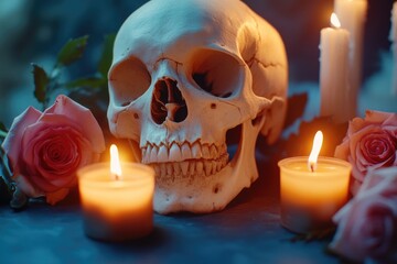 A skull is on a table with candles and roses