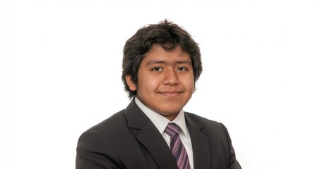 A school-aged child wearing school uniform. Kid. Youth. Youngster. Hispanic teenager. Puberty. Latin high schooler in business attire, suit and tie. Student. Mexican adolescent boy