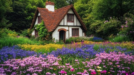 Cottage garden, floral landscape, idyllic home, rural setting, spring blossoms, peaceful scene, tranquil nature,  website banner