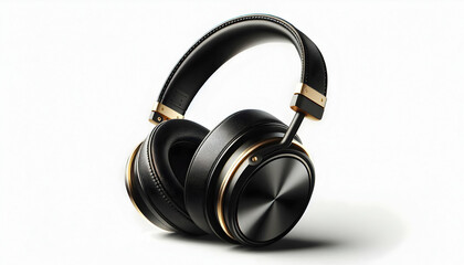 Gadget A side view of the black over-ear headphones with gold accents, showing the sleek headband and ear c3
