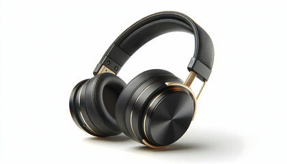 Gadget A side view of the black over-ear headphones with gold accents, showing the sleek headband and ear c4