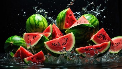 An artistic arrangement of vibrant green melons and slices of juicy red watermelon,