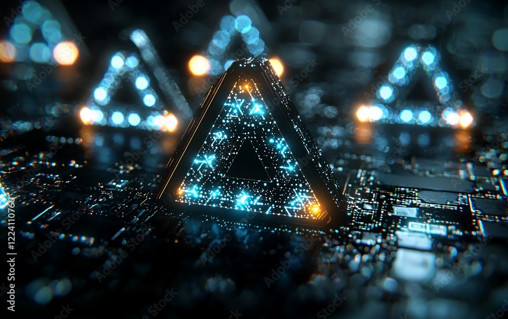 Poster futuristic glowing triangle pyramid on circuit board.