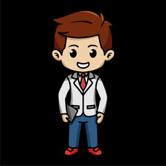 chibi character of a man wearing an office suit standing upright and holding a laptop in dark background