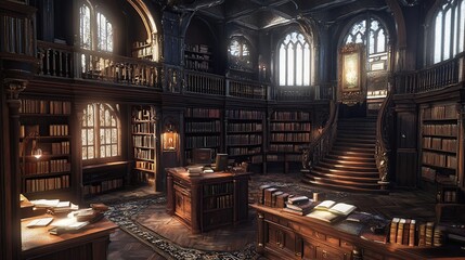 Fototapeta premium Grand library, sunlit, ornate, bookshelves, staircase, research