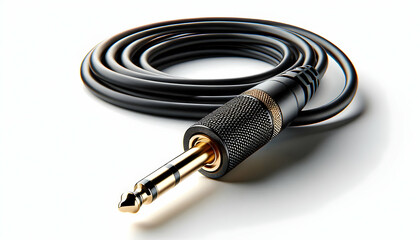 Naklejka premium Gadget A mono jack plug coiled alongside an audio cable, featuring a gold-plated tip and textured black bod2