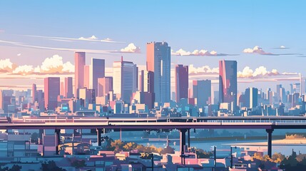 Fototapeta premium A beautifully illustrated landscape featuring a modern skyline, evoking an urban city scene
