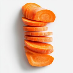 Sliced carrots arranged vertically on white background.
