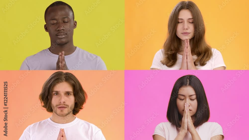 Poster four individuals from different backgrounds display gestures of contemplation and peace against brig