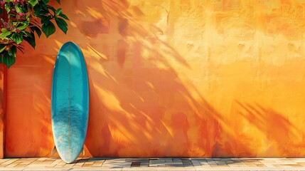 a colorful surfboard leaning against a cheerful orange wall.
