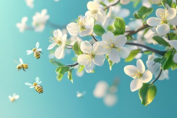 A whimsical 3D rendering of a tree branch adorned with apple blossoms and playful cartoon bees flying around.