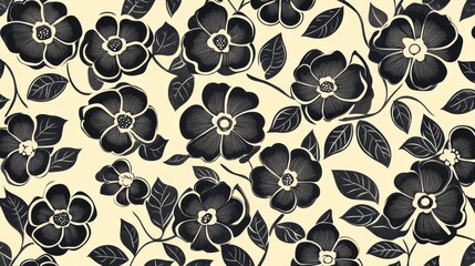 Fototapeta premium Elegant Black Flower Pattern on Soft Beige Background Design