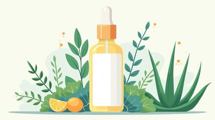 Illustration of a hydrating serum bottle surrounded by natural ingredients like hyaluronic acid and aloe vera
