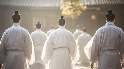 Fototapeta premium Procession Of Traditional Japanese Monks In White Robes During Ceremony : Generative AI