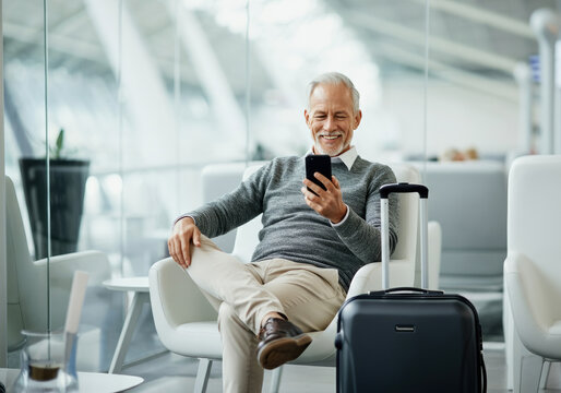 Elderly caucasian male relaxing at airport lounge with smartphone and luggage. - Powered by Adobe