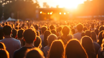 Vibrant crowd at music festival, diverse audience enjoying sunset performance, lively atmosphere with warm golden light.