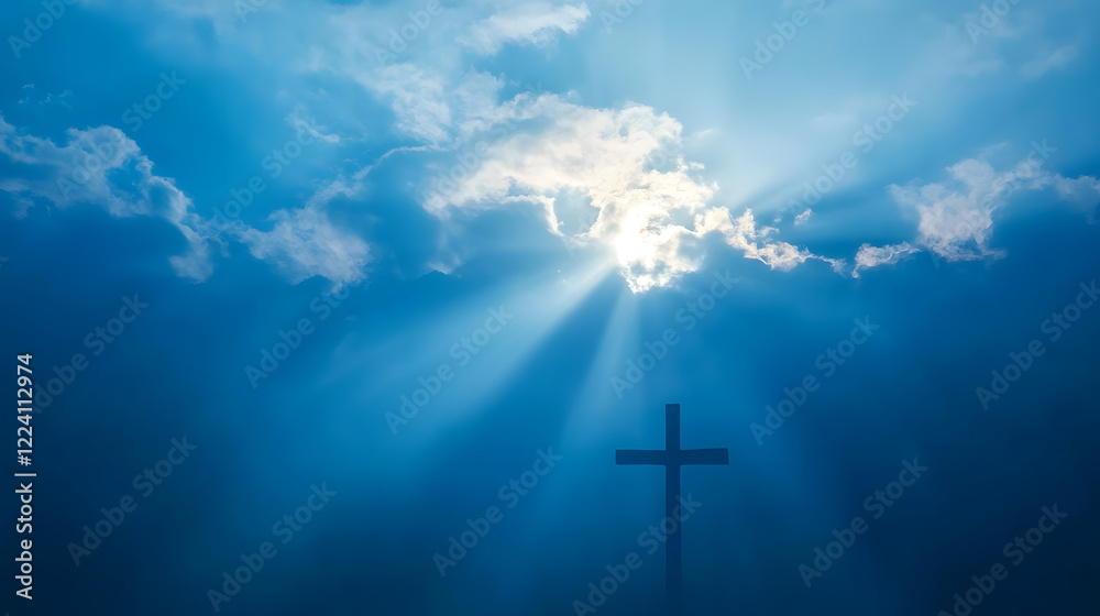 Poster sun rays through clouds over cross symbolizing hope and spirituality in tranquil sky : generative ai