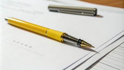 A yellow ink pen lying on top of a sheet of white paper with a slight shadow effect, yellow ink pen, office supply