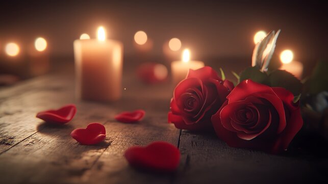 Red roses and burning candles set a romantic mood.