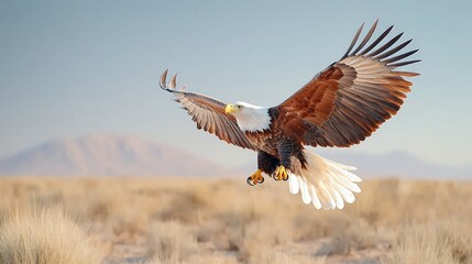 Obraz premium Eagle soaring over desert, mountains in background; wildlife, nature image