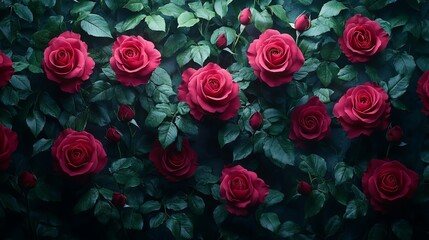 Vibrant red roses floral pattern wallpaper with hyper-realistic details
