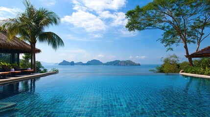 Fototapeta premium Luxury Swimming Pool in Opulent Hotel Resort Surrounded by Swaying Palm Trees and Set Against a Clear Blue Sky. Offers a Breathtaking Panoramic View of Sparkling Water, Creating an Idyllic Escape.