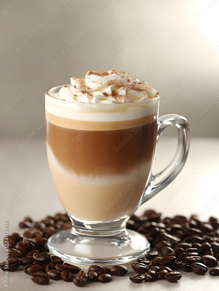 Poster creamy coffee with cinnamon topped froth and coffee beans scattered on table : generative ai