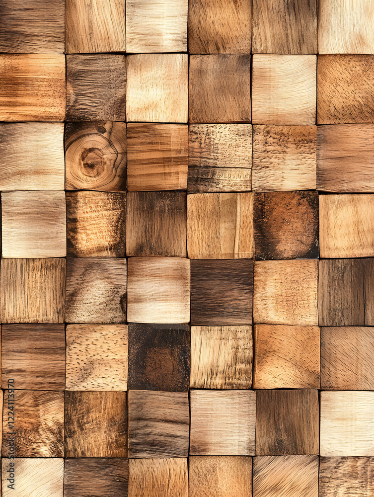 Poster Close up of intricately detailed wooden blocks in various tones and textures arranged in a checkerboard pattern : Generative AI