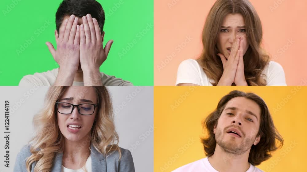 Poster a collection of four individuals showcasing a range of emotions against bright, colorful backgrounds