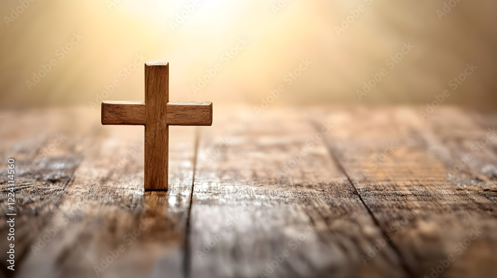 Aufkleber rustic wooden cross on aged wooden surface with golden sunlight in serene background : generative ai
