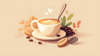 A cup of coffee with beans for a cozy, inviting atmosphere