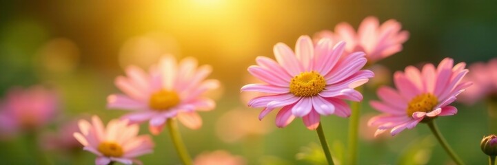 Obraz premium Soft yellow sun shines down on delicate pink daisies, their petals gently swaying in the breeze, flowers, garden, soft