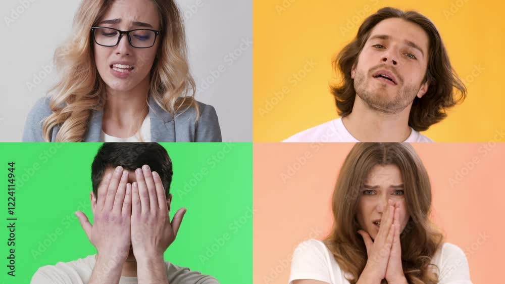 Poster A collection of four individuals displaying a range of emotions against colorful backgrounds. Each person contributes to the overall positive atmosphere with their unique expressions.