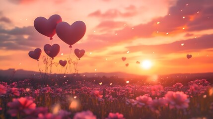 Fototapeta premium Colorful hot air balloons floating over a scenic landscape at sunset, romantic atmosphere with vibrant hues and floral foreground.