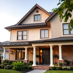 Luxury Family Home with Modern Design and Landscaping. Beautiful Exterior, Brick Facade, Columns, and Spacious Porch. Perfect Dream House.