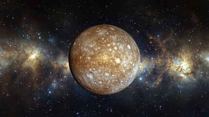 A large planet is surrounded by a cloud of dust and stars