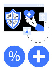 Hand holding heart with cross, shield with medical icons, percentage and plus symbols, digital interface. Ideal for healthcare, medical services, online health, digital care solutions, health