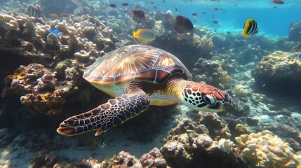 Sea turtle gliding through vibrant coral reef, underwater scene showcasing marine life and lush aquatic colors, tranquil beauty.