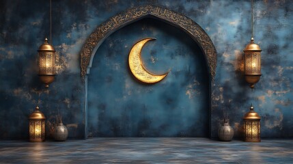 Obraz premium Ramadan Scene with Crescent Moon and Lanterns