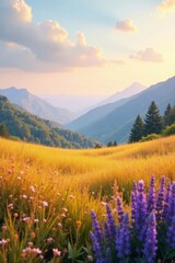 Fototapeta premium Soft yellows and oranges blend with a touch of lavender, landscape, natural, soft