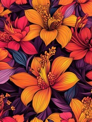 A colorful floral print with a variety of flowers and leaves