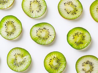 Fototapeta premium Fresh Kiwi Fruit Slices Arranged on a White Background