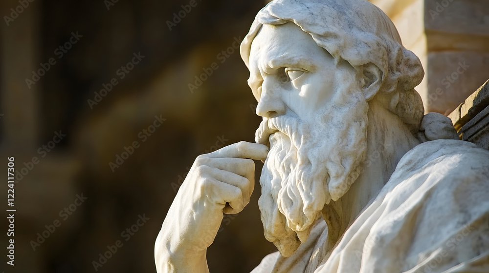 Poster close-up of an ancient philosopher sculpture in warm daylight : generative ai