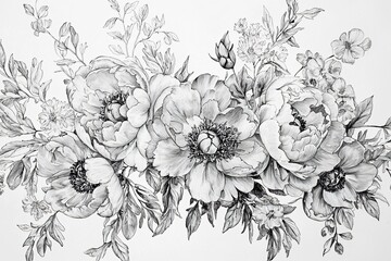 Detailed black and white floral illustration featuring peonies and various blossoms surrounded by greenery