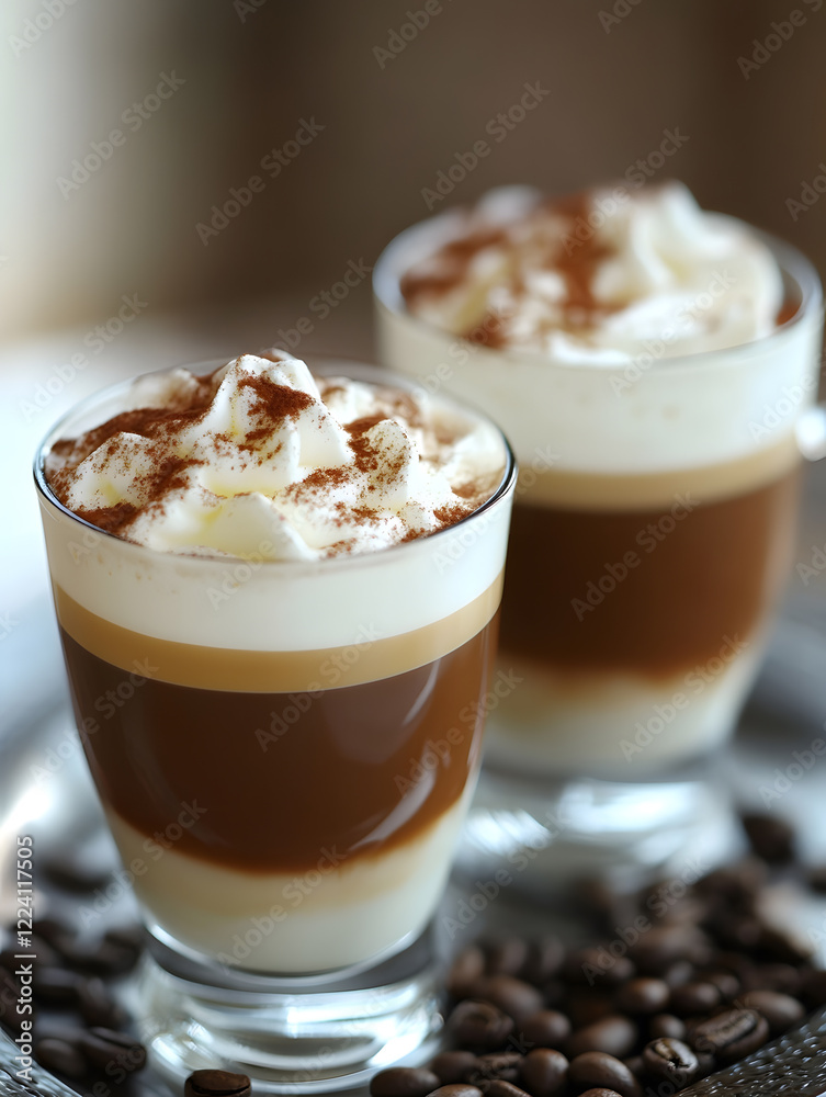 Poster two glasses of creamy cappuccino topped with whipped cream and cocoa : generative ai